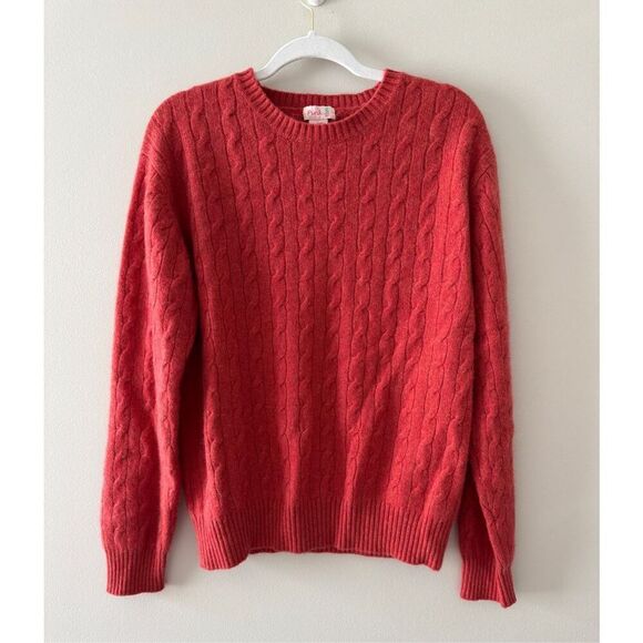 Pink Cashmere Sweater Cable Knit Size Large Coral Crewneck Long Sleeve Pullover - Picture 1 of 7